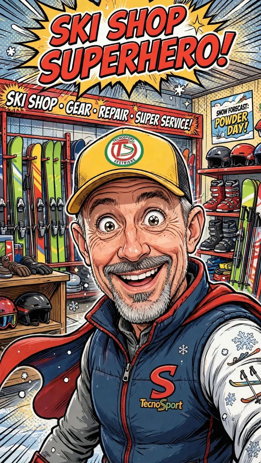 Illustrazione del titolare di TecnoSport nel negozio di Sestriere