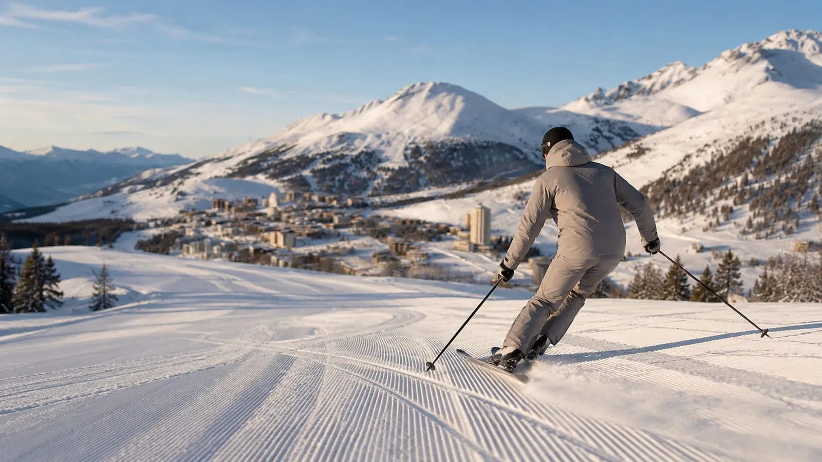 Sciatore su una pista appena battuta con Sestriere sullo sfondo